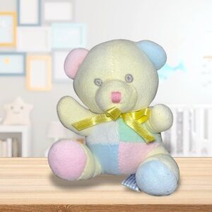 Vtg  Educational Soft Velour Plush Bear Rattle Baby Toy 5” Pastel Colorblock